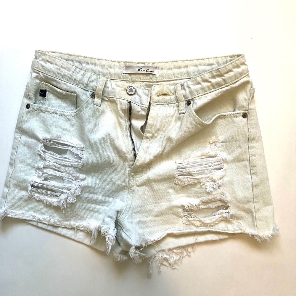 Kancan Denim Off White Off Sage Green Distress Shorts High Rise Women Size 6